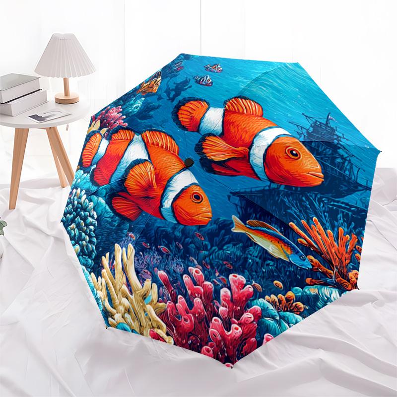 1 Stück Automatischer Faltregenschirm - Clownfisch-Muster, Tragbares & Faltbares Design mit 8 Speichen, Weihnachts-Geburtstagsgeschenke