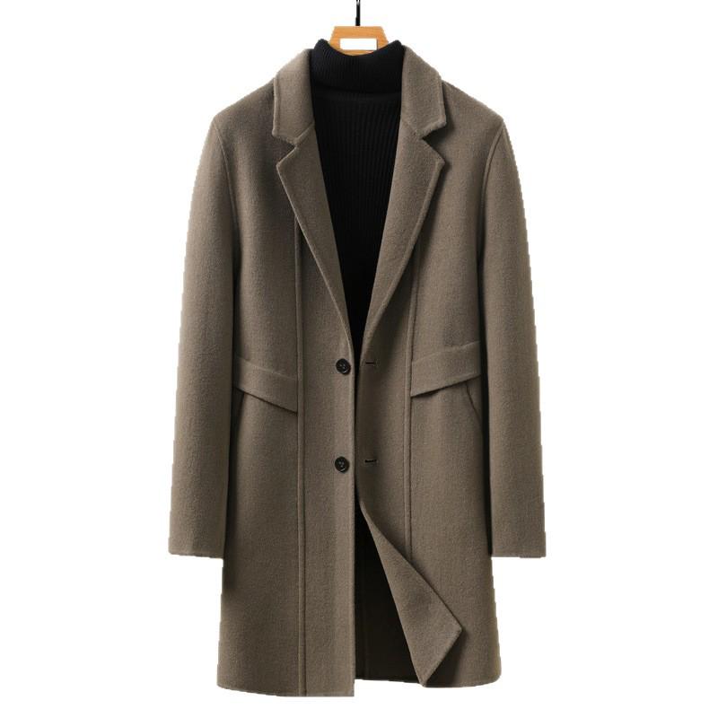 Men's Mid-Length Double-Sided Woolen Coat, Suit Collar, Korean Style, Casual Jacket for Autumn Winter.