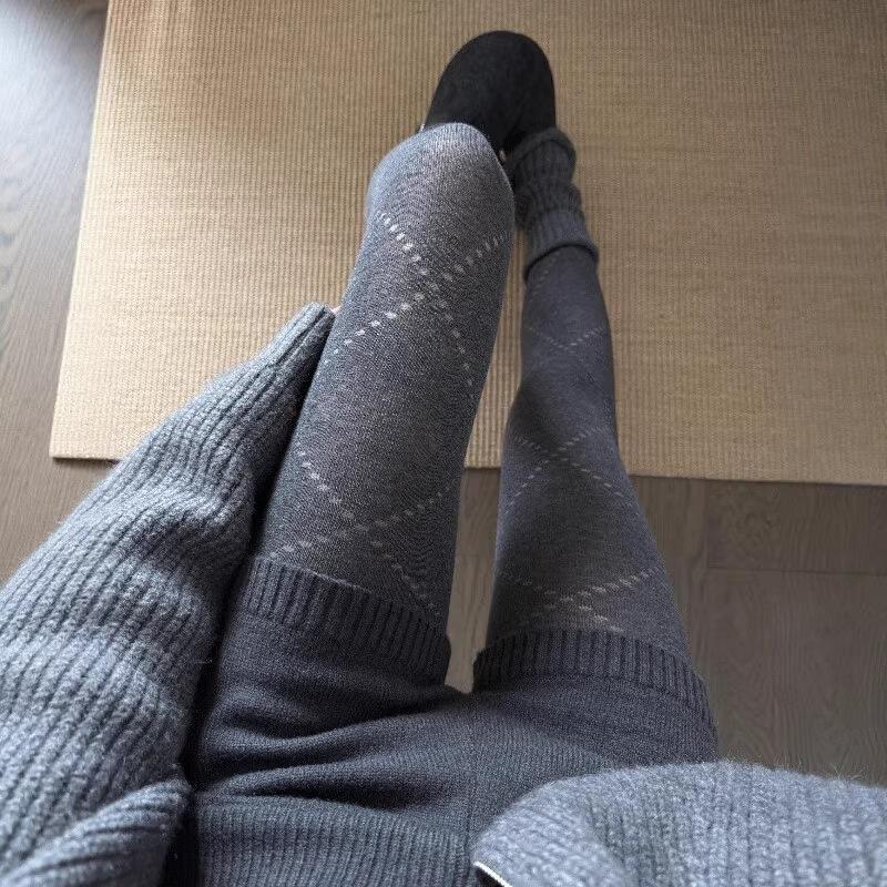 High-End Gray Rhombus Pattern Leggings Pantyhose Autumn And Winter Explosion Micro-Pressure Thin Small Fragrant Pantyhose Beautiful Leg Socks