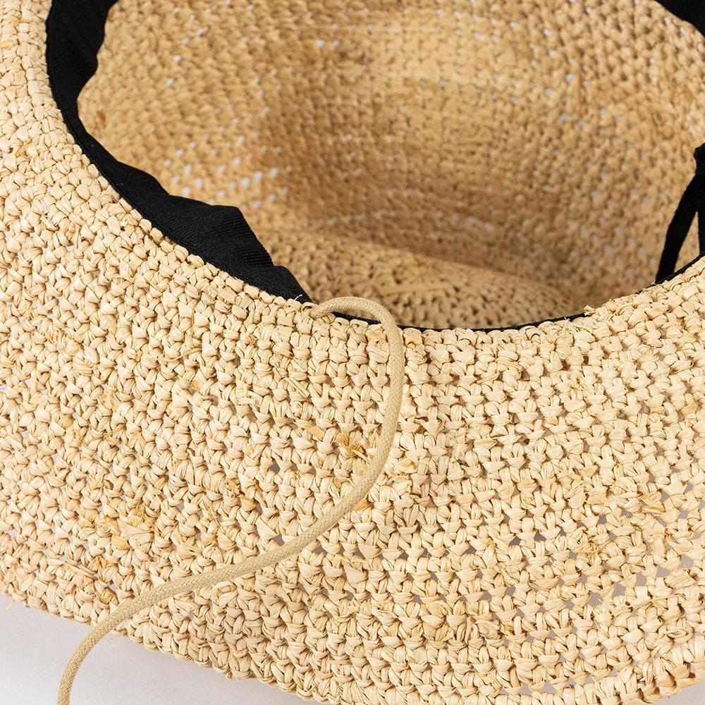 Trendiger, handgefertigter Häkelhut aus Raffia-Stroh und Denim mit verstellbarem Riemen für Sonnenschutz im Freien, lässiger Sommerhut