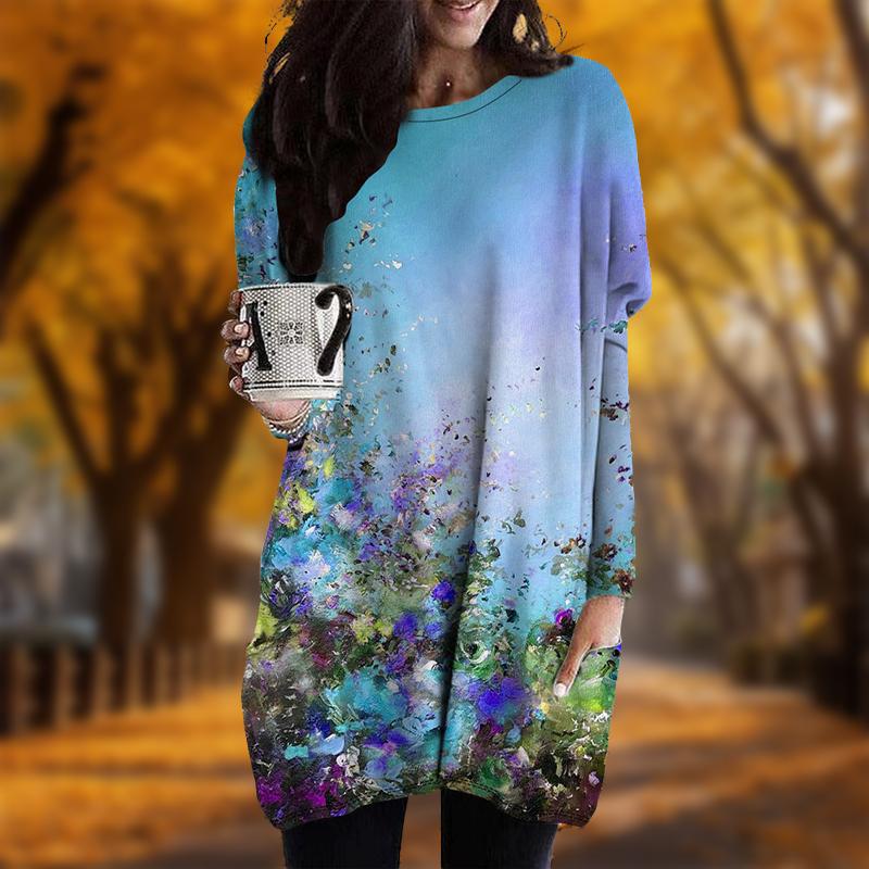 New In Autumn Oil Painting Flowers Print Plus Size Dress Women O'neck Long Sleeves Casual Pocket Dresses