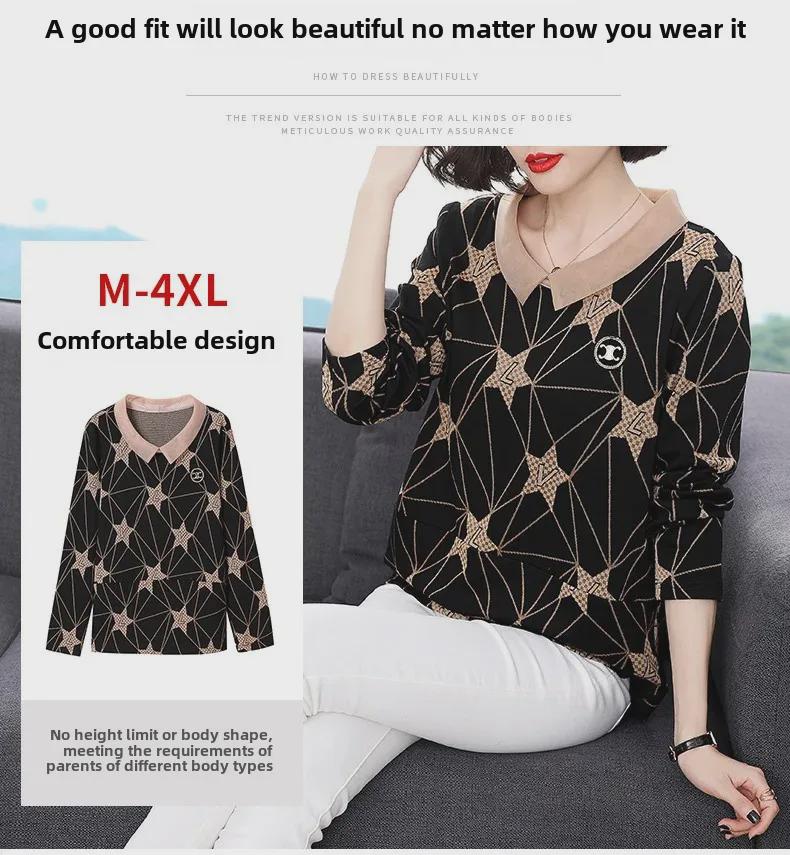 Large Loose Korean Doll Collar Long-Sleeve Mesh Print Top for Middle-Aged Women - Spring Fashion