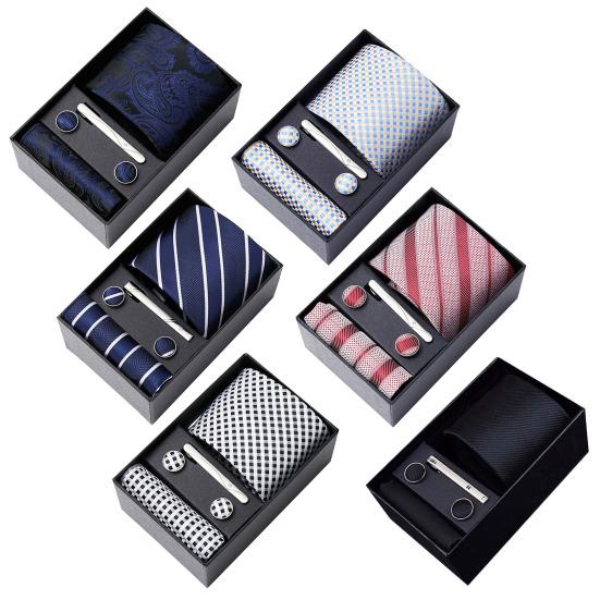 6Pcs/Set Tie Pocket Square Cufflinks Set Gift Box Masculine Charm Faux Silk Fabric Bright Colors Business Tie Men Accessories Gift Set