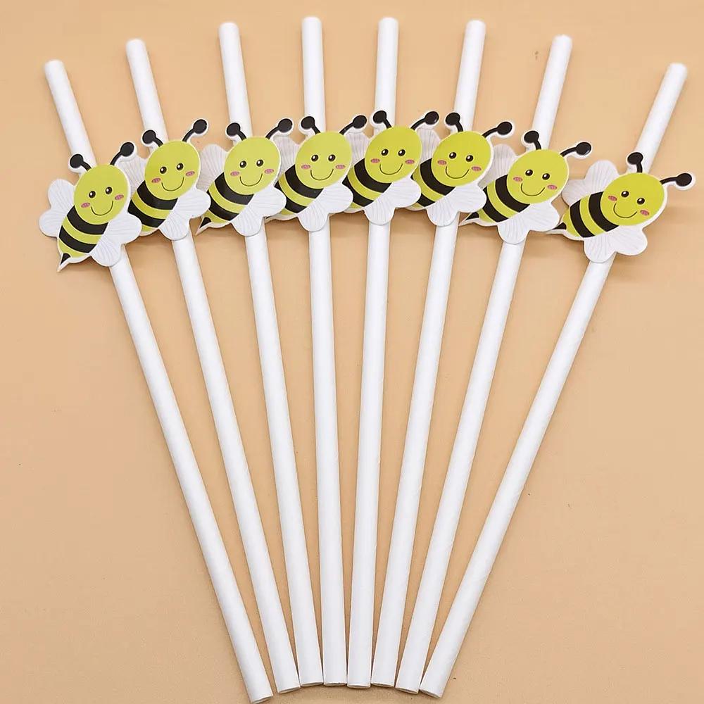 100Pcs Sweet Bee Theme Disposable Paper Straws Bar Drinking Straw Tableware for Kids Birthday Baby Shower Party Decorations