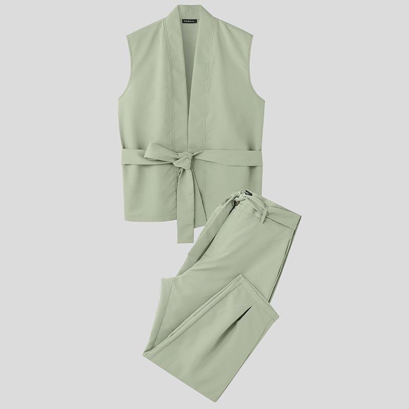 

INCERUN 2PC Men Sleeveless Bandage Tank Tops and Long Casual Pants Two Pieces Sets 3XL зелёный