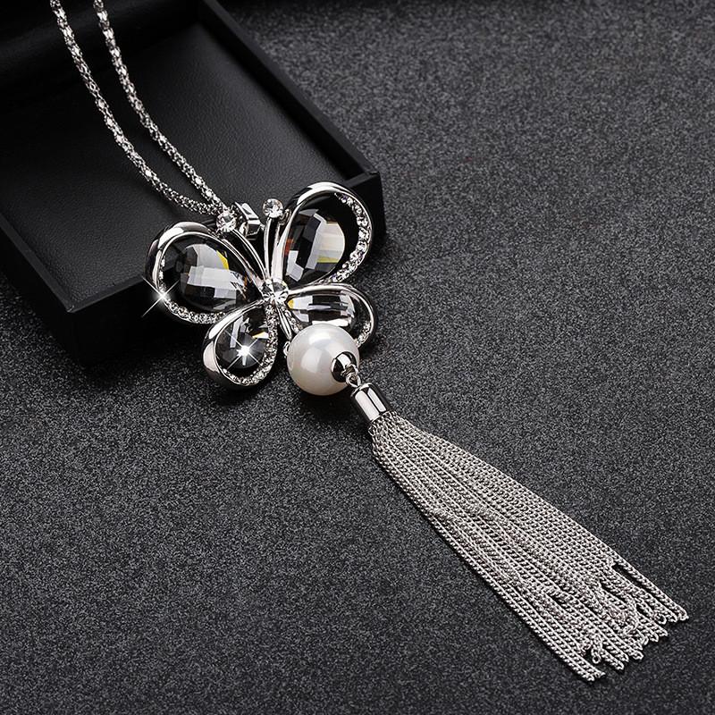 Elegant Korean Style Butterfly Sweater Necklace With Pearl Tassels For Women