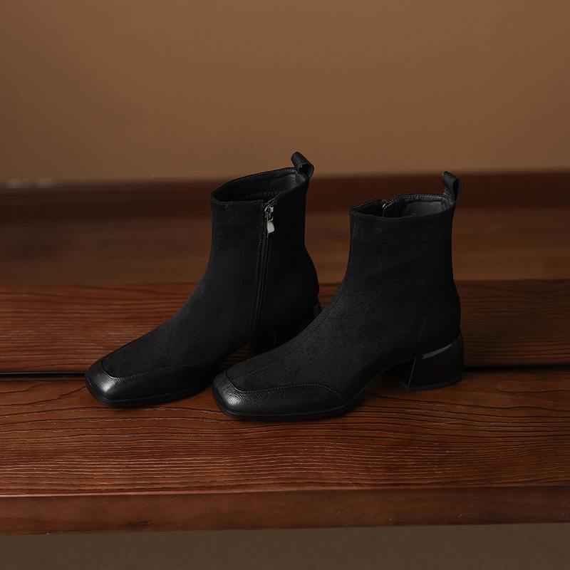 Krazing Pot Sheepskin Flock Winter Square Toe Chunky Heels Chelsea Fashion Boots Women Zip Patch Work Women Ankle Boots