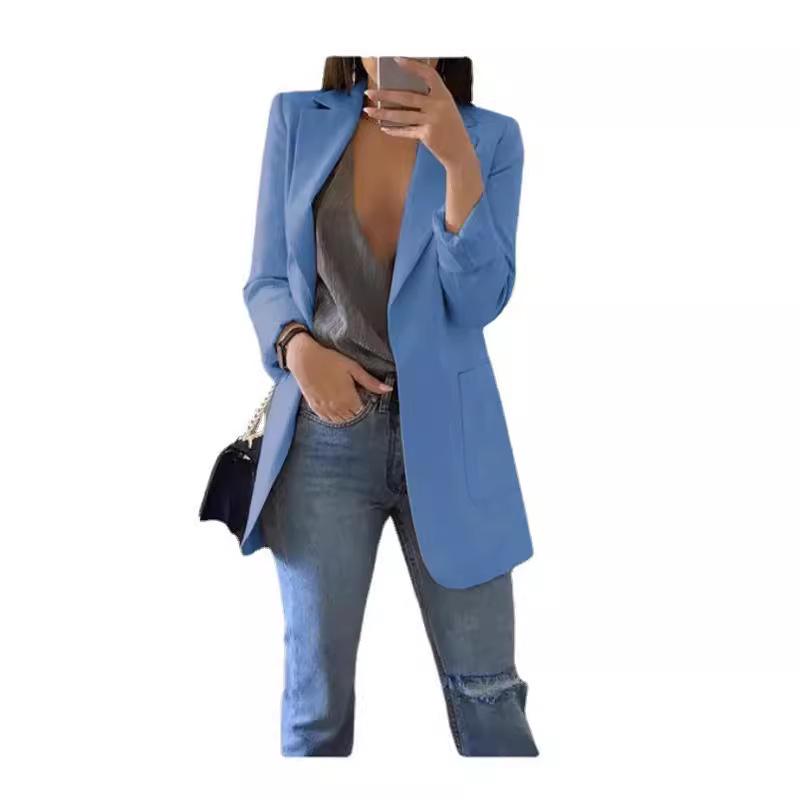 2023 Women's Autumn/Winter Long Sleeve Solid Color Slim Cardigan with Suit Collar