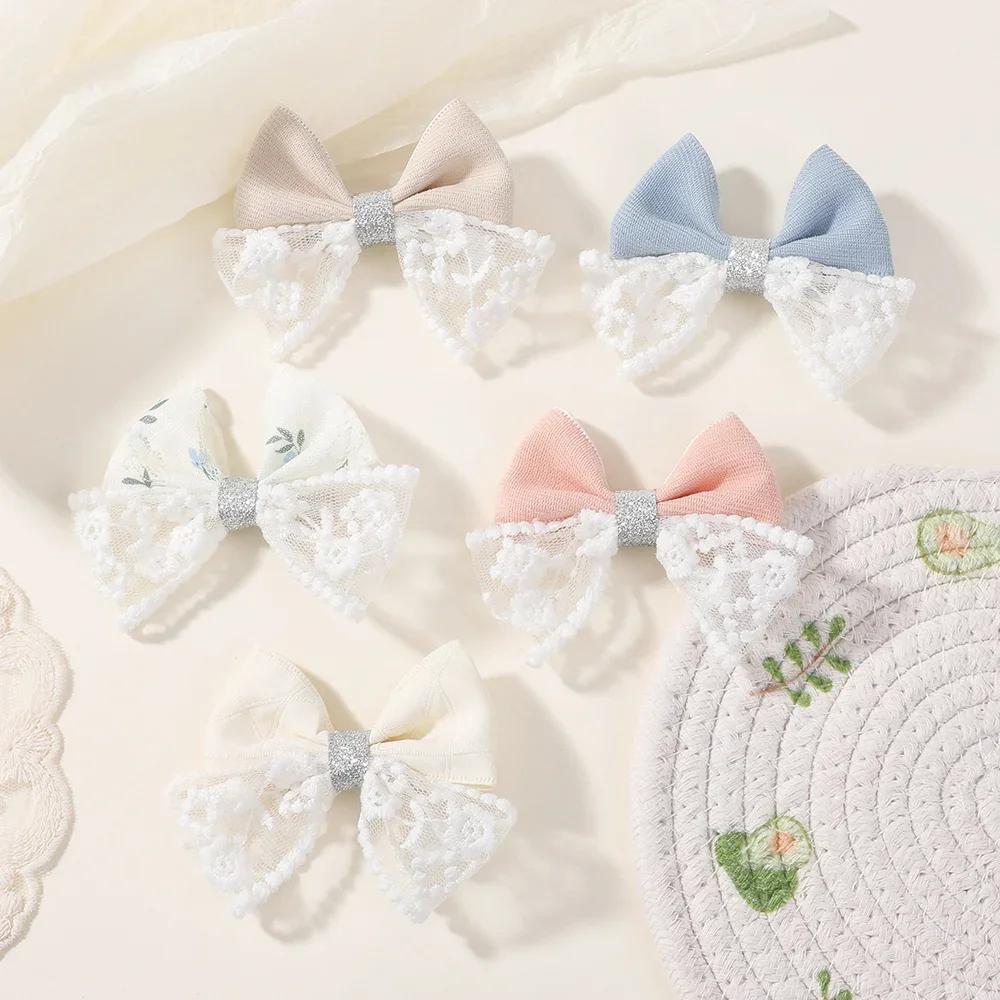RAINBOW BOWS 2Pcs/lot Sweet Lace Bowknot Hair Clip for Kids Fashion Denim Blue Hairpin Hairgripes Girl Party Hair Accessories