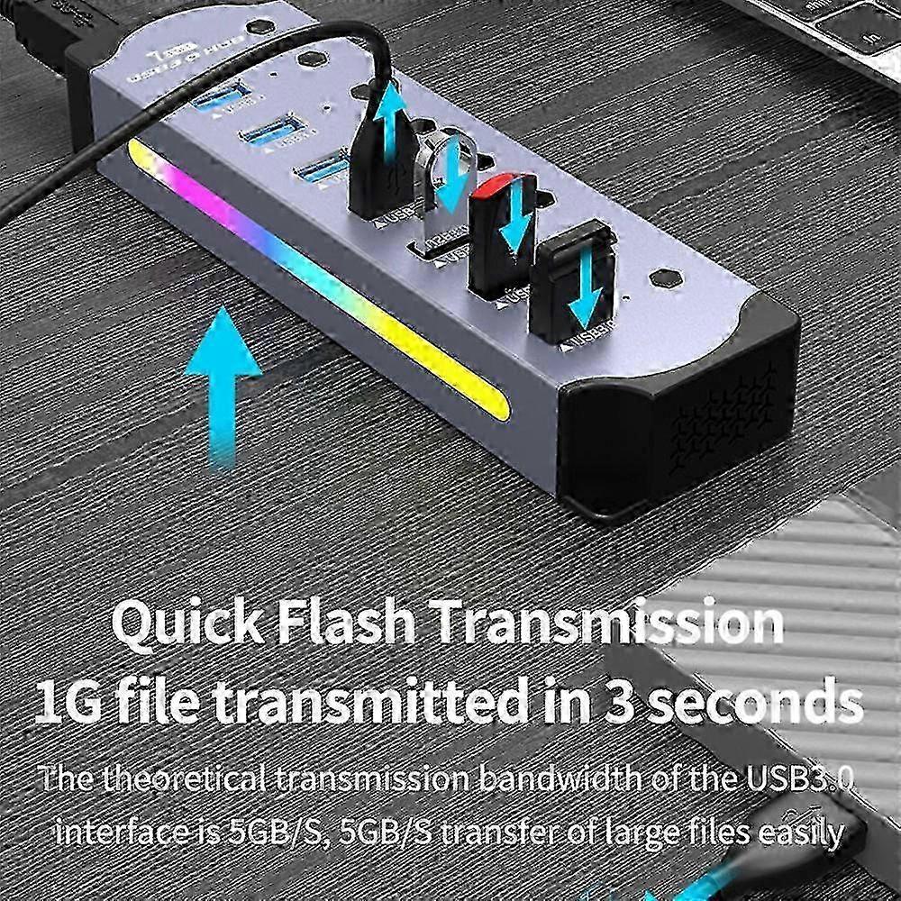 Type A YX-H307 7 Port USB 3.0 Hub with Individual On/Off Switches and Lights 5Gbps Data Transfer