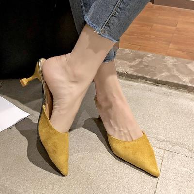 Fashion Baotou Slippers Women's Outward Wear 2025 Summer New Pointed Toe Shallow Suede Non-slip Stiletto High Heels