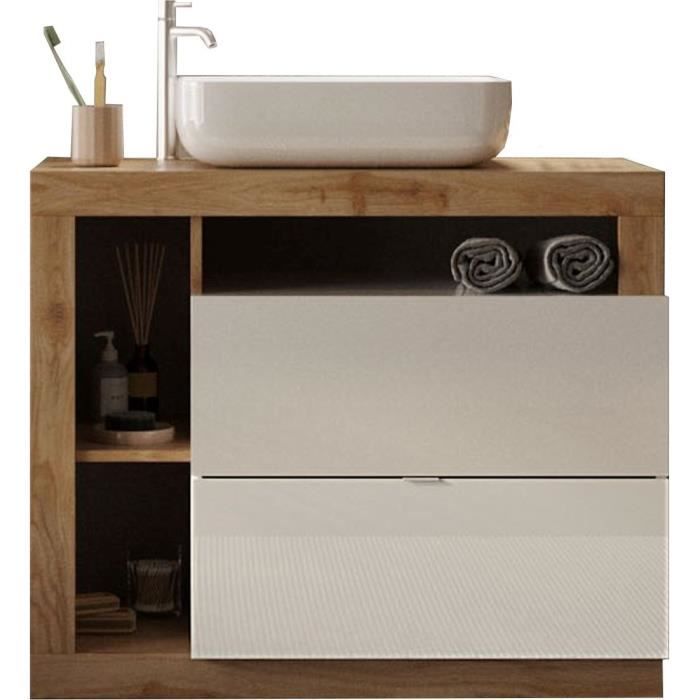 Bathroom Furniture Set 78cm Single Basin + Column - Light Oak and White Lacquer - HAMBURG