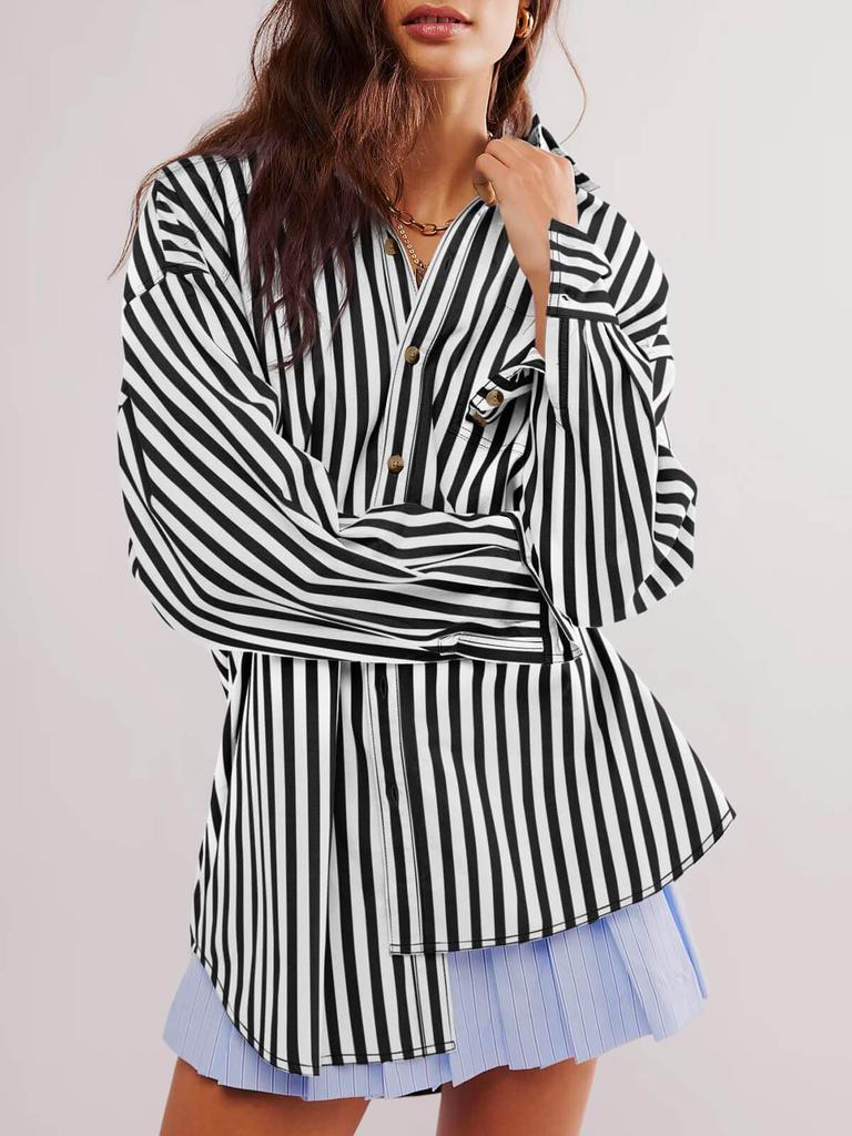 Womens Oversized Striped Button Down Shirt Long Sleeve Boyfriend Blouse