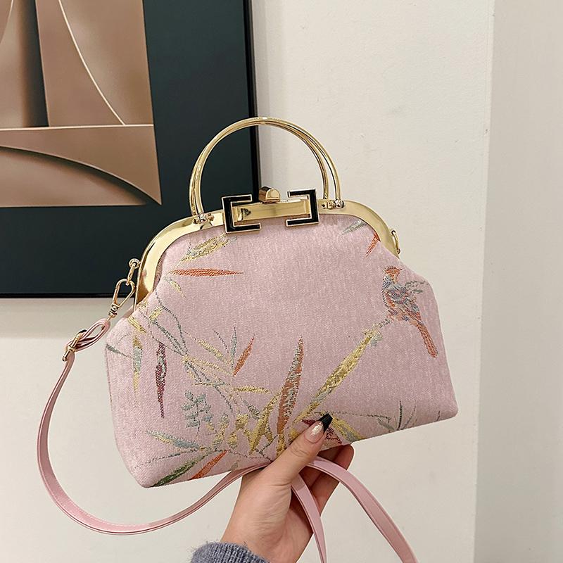 Boho Chic Floral Embroidered Shoulder Bag for Women Metal Handle Purse with Chain Strap Party Gift