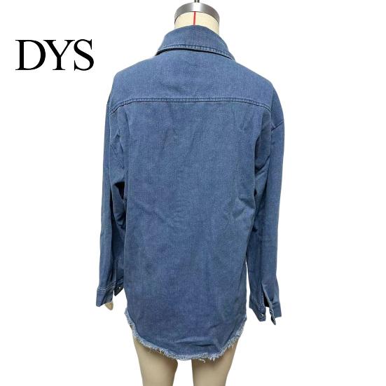Frayed Hem Jacket Women Denim Coat with Breast Pockets Turn-down Collar Washed Single-breasted Chest Pocket Pure Color Wipped Edge Loose Cardigan Long