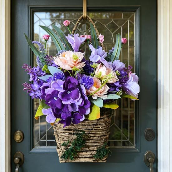 Artificial Flower Basket Farmhouse Floral Arrangement Rustic Faux Wildflowers for Outdoor Front Porch Spring Home Decor