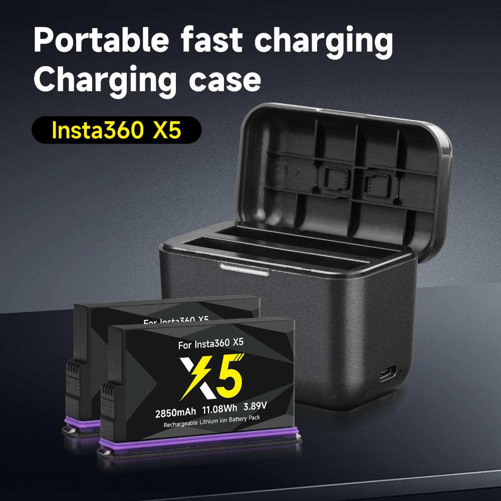 2850mAh Hohe Kapazität Für Insta360 X5 Kameraakku+2-Slot LED tragbares Schnellladegerät Für Insta 360X5 Actionkamera Zubehör