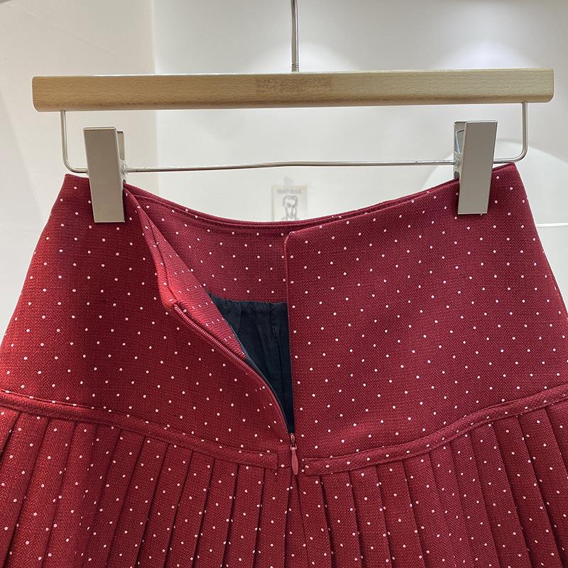 Women's High Waist Red Polka Dot Pleated A-Line Skirt - Anti-Exposure, Autumn/Winter, Short, Bow Detail, Petite Fit