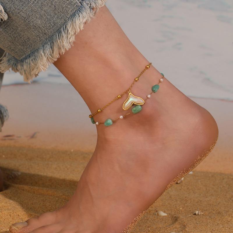 Gold Double Layer Anklet with Amazonite Mermaid Tail Pendant, Dainty Pearl Beaded Ankle Bracelet, Summer Beach Jewelry for Women