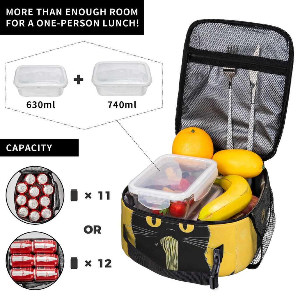 Eine Katze, die Nudeln isst, Isolierte Lunchtasche für Damen, Büro-Kühltasche, Thermische Lebensmittelbox, Tragbare Lunchboxen Behälter