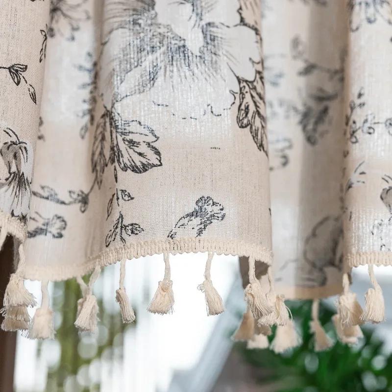 American European Vintage peony floral curtains For living room bedroom window linen curtain short Cabinet Curtain for Kitchen