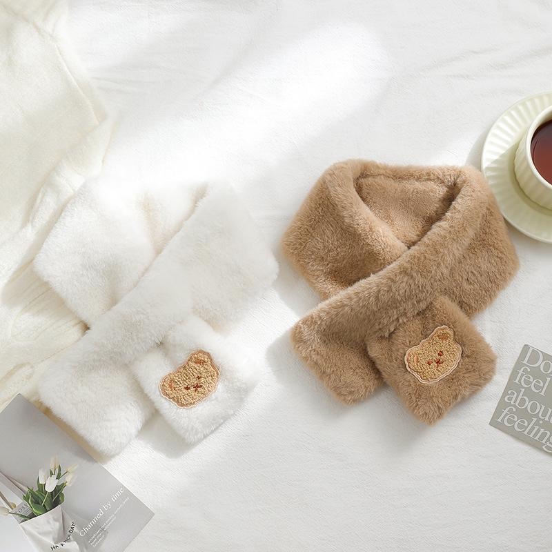 Women's Autumn Winter Cute Bear Plush Faux Mink Fur Scarf - Thick, Warm, Versatile Neck Warmer