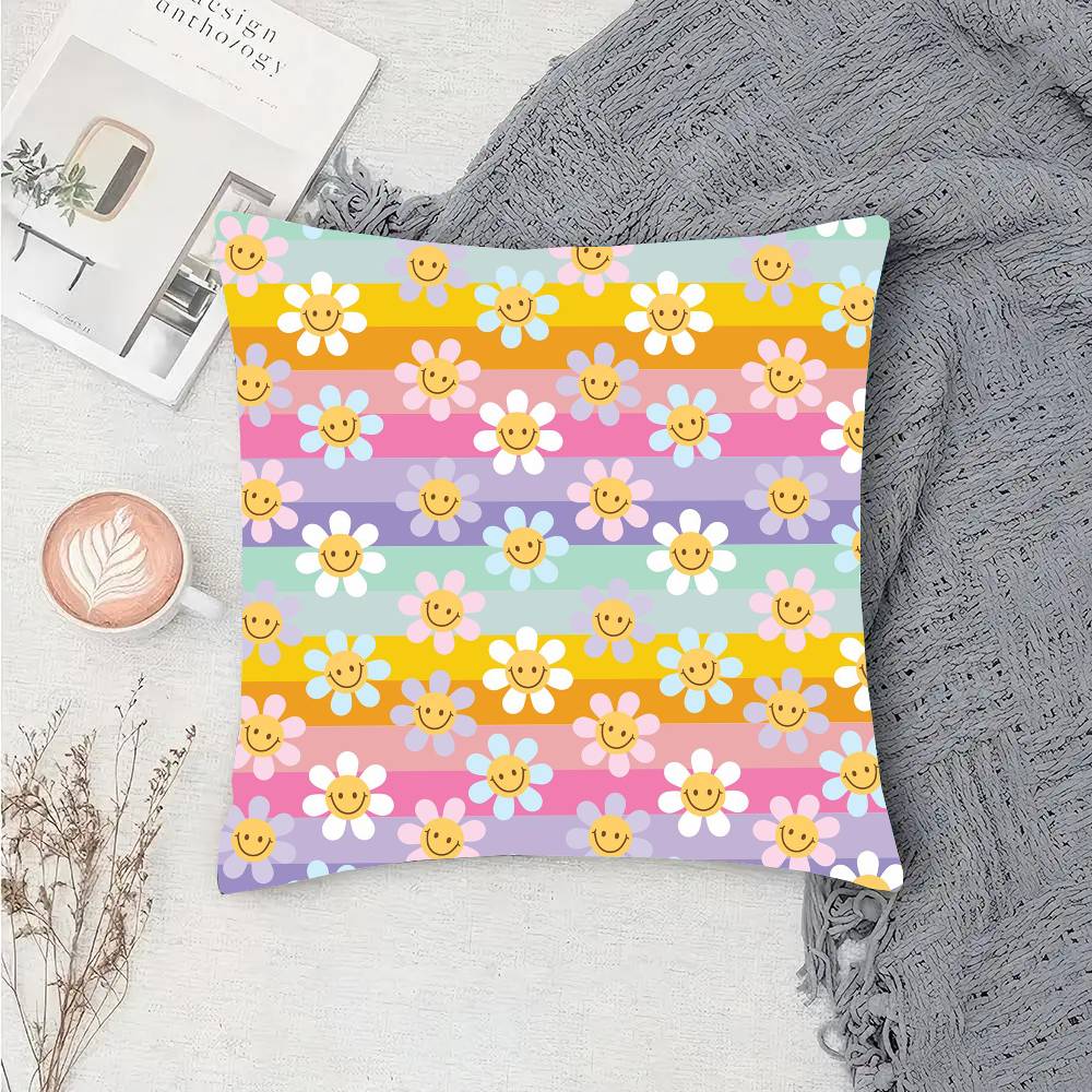 Flower Smiley Face Pillow Case Fashion Square Pillowcase Bedroom Sofa Room Ins Decoration Leisure