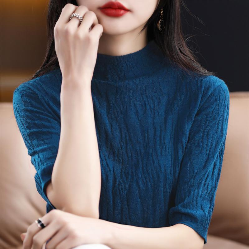 Women Knit T-shirt Summer Knitted Shirt Short Sleeve Tees Spring Pullover Knit Tops