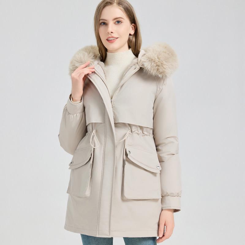 Women's Mid-Length Hooded Parka with Large Fur Collar, Korean Style, Versatile Plus Velvet Thick Down Cotton Jacket.