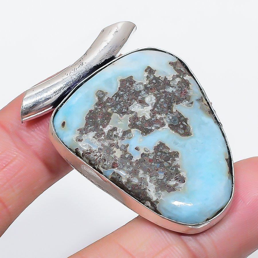 Natural Larimar Gemstone Handmade 925 Sterling Silver Jewelry Pendant 1.81" A1e71