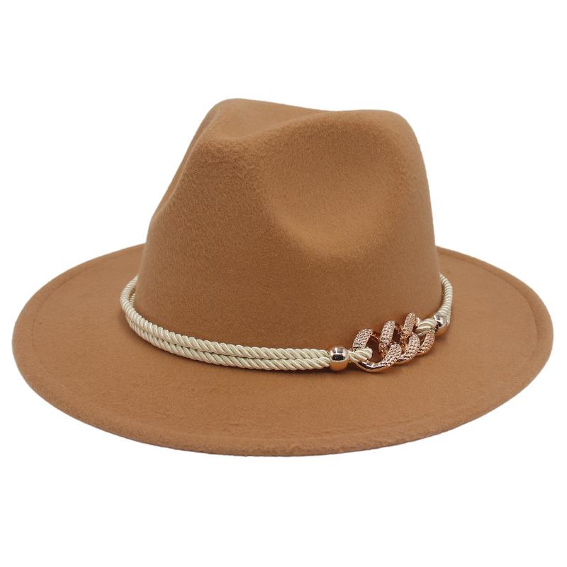 Jazz Hat Retro Men'S And Women'S Cotton Felt Hat Big Brim Panama Hat Gold Chain Hat