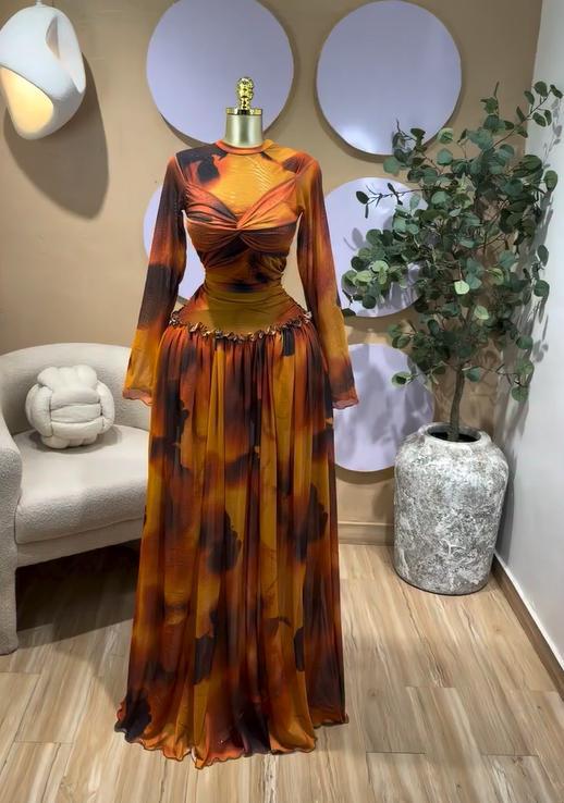 European and American cross-border women s 2026 summer new sexy and elegant printed cross-neck slim long-sleeve dress S