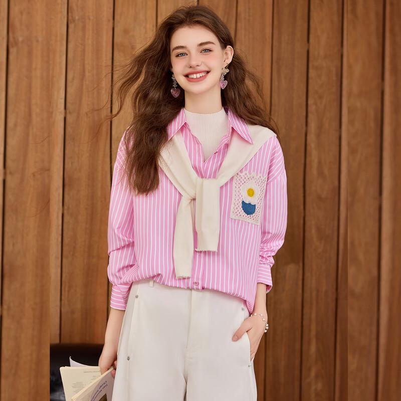 Bailuyu Women s Striped Shirt with Contrast Pocket S