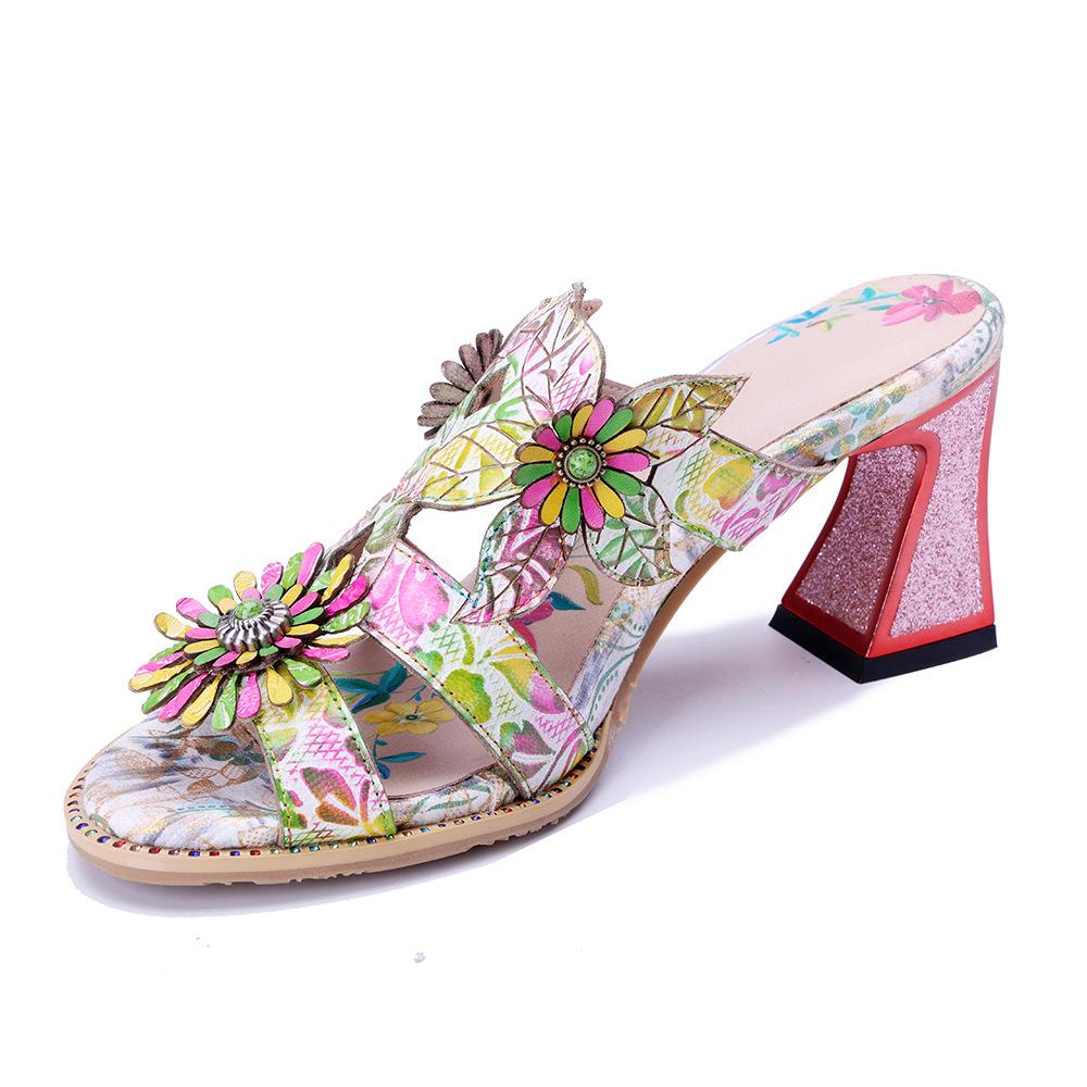 

Johnature Retro Three-dimensional Flower Colored Fashion Slippers Genuine Leather Printed Coarse Heel Sandals 42 різнокольоровий