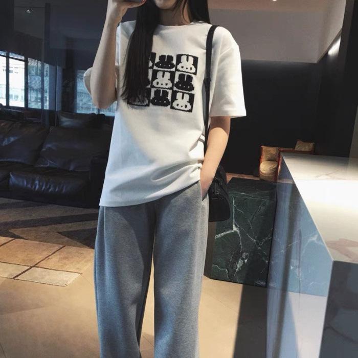 

Pure cotton foreign style fashionable simple atmosphere embroidery mosaic rabbit round neck short sleeve t-shirt women s loose pullover 6XL білий