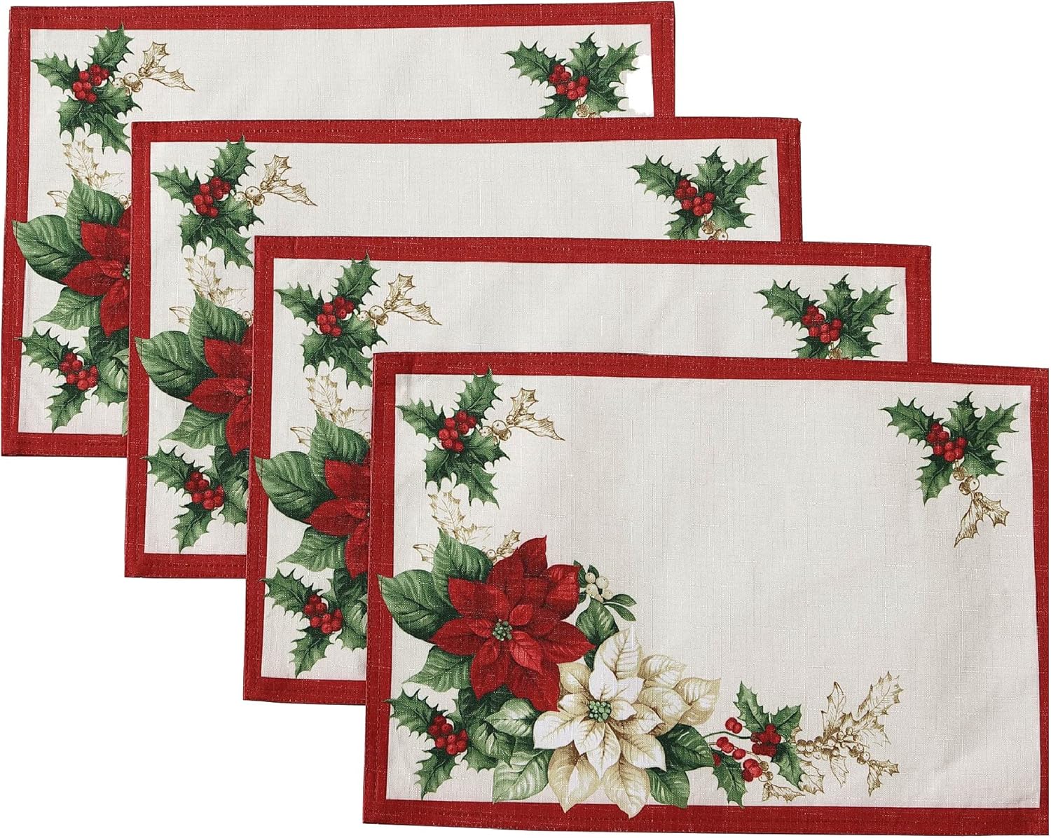 

6PC Elrene Home Fashions Red and White Poinsettia Holiday Fabric Placemats, Christmas Mats for Table Decor, 6PC 30X45CM