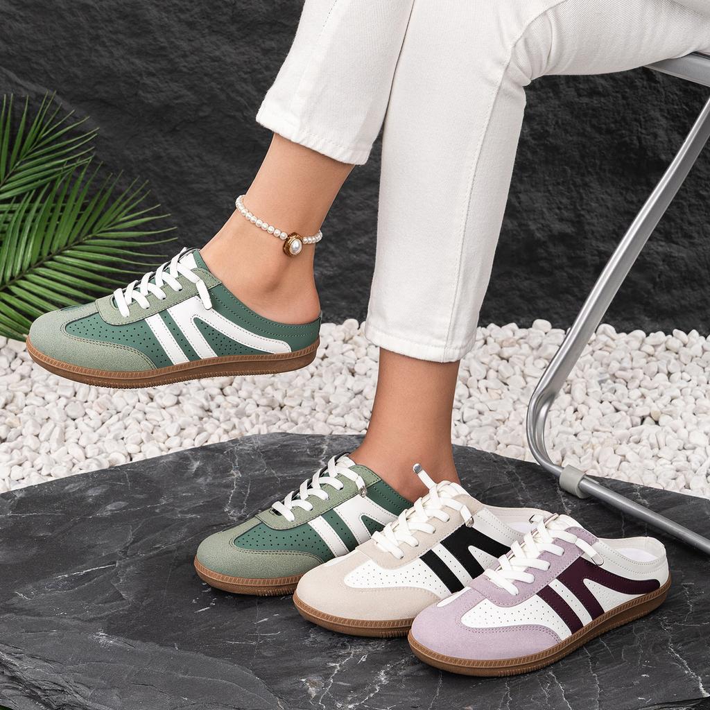 Women Retro Color Block Slip On German Trainer Mule Slippers, Breathable Soft Sole Versatile Casual Summer Walking Shoes