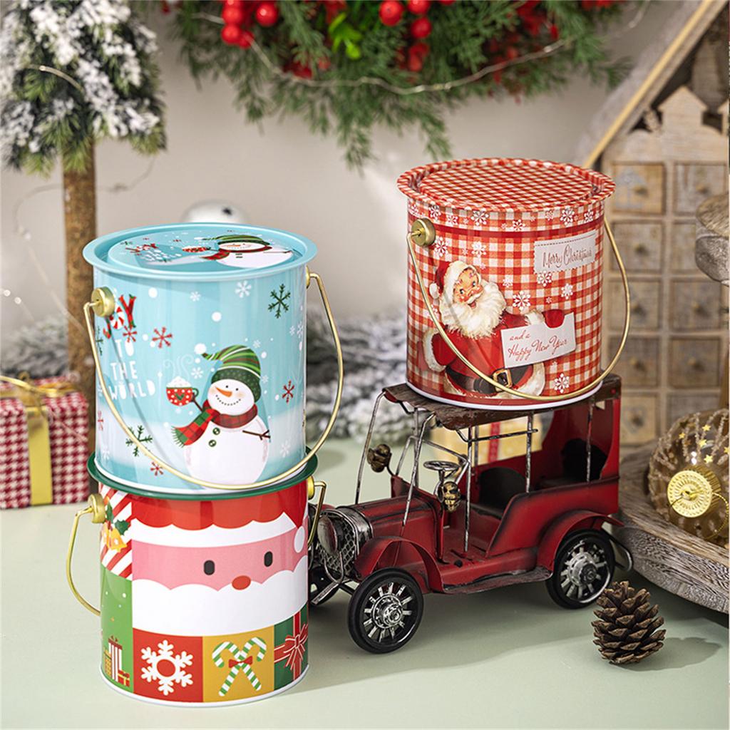 2pcs Christmas Candy Boxes with Handle Handheld Round Bucket Sweets Packaging Tins Portable Tinplate Candies Holders