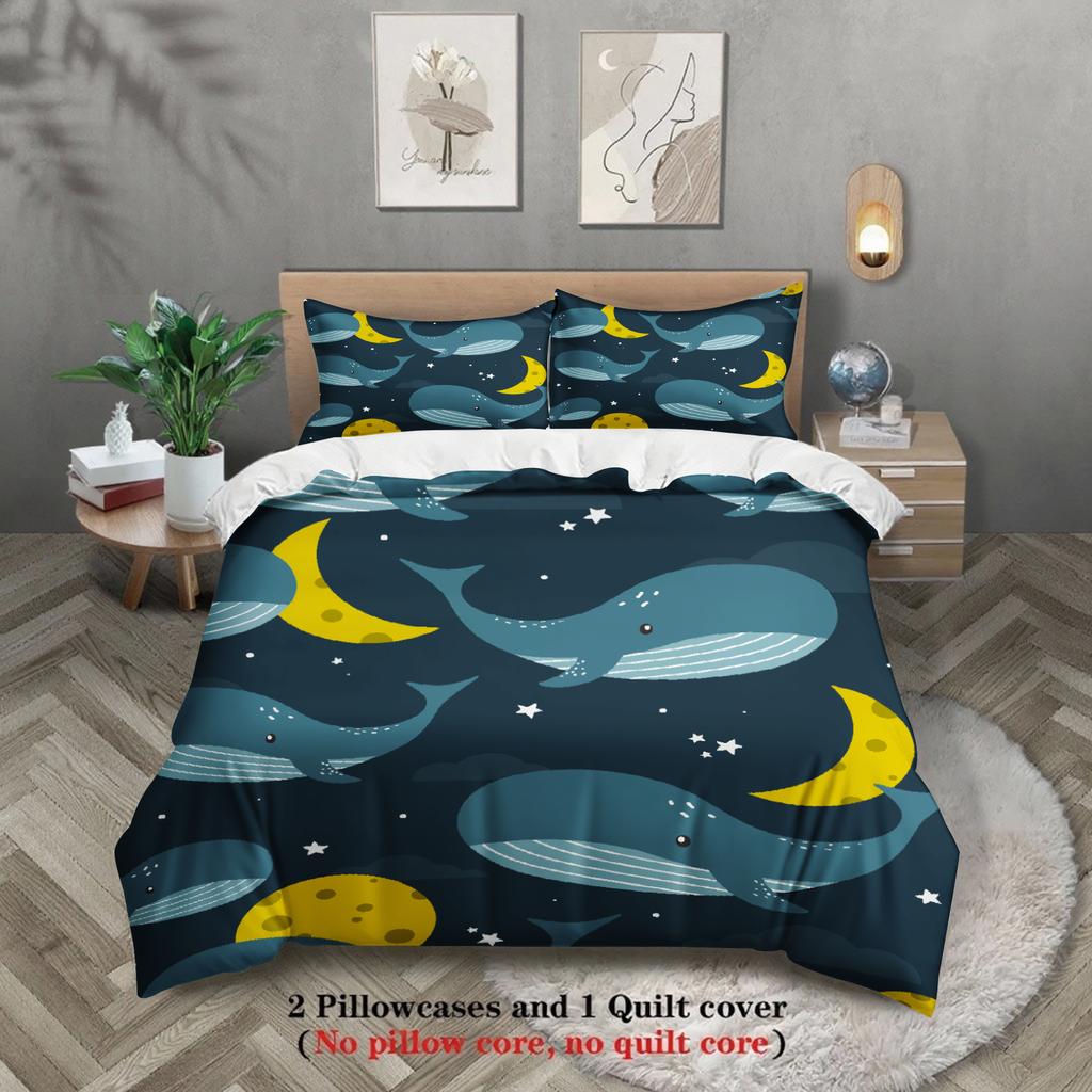 3pcs Whale And Moon Bedding Sets Minimalist Style 3D Printed Ocean Night Sky Duvet Cover Sets With Pillowcases No Comforter