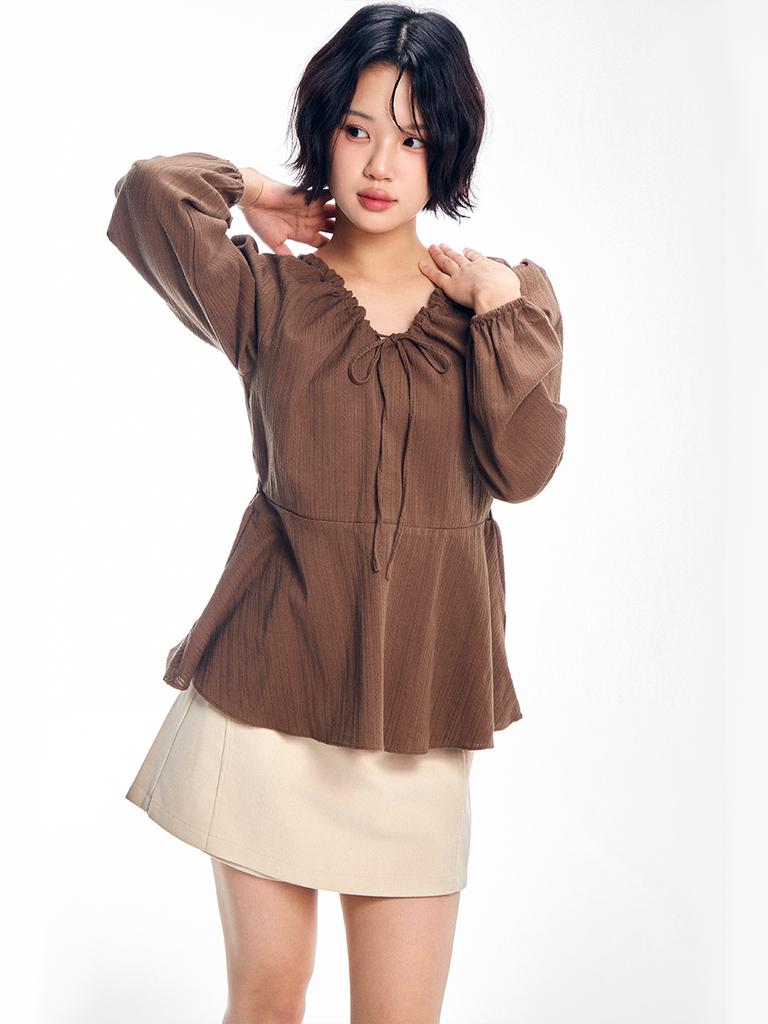 ADOREBELLE V-Neck String Ribbon Blouse - Brown