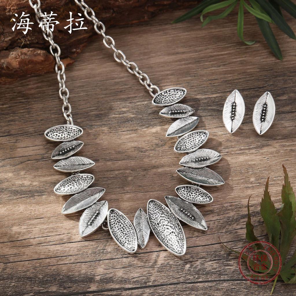 New antique silver leaf stud earrings necklace set, retro punk petal personalized stud earrings necklace set