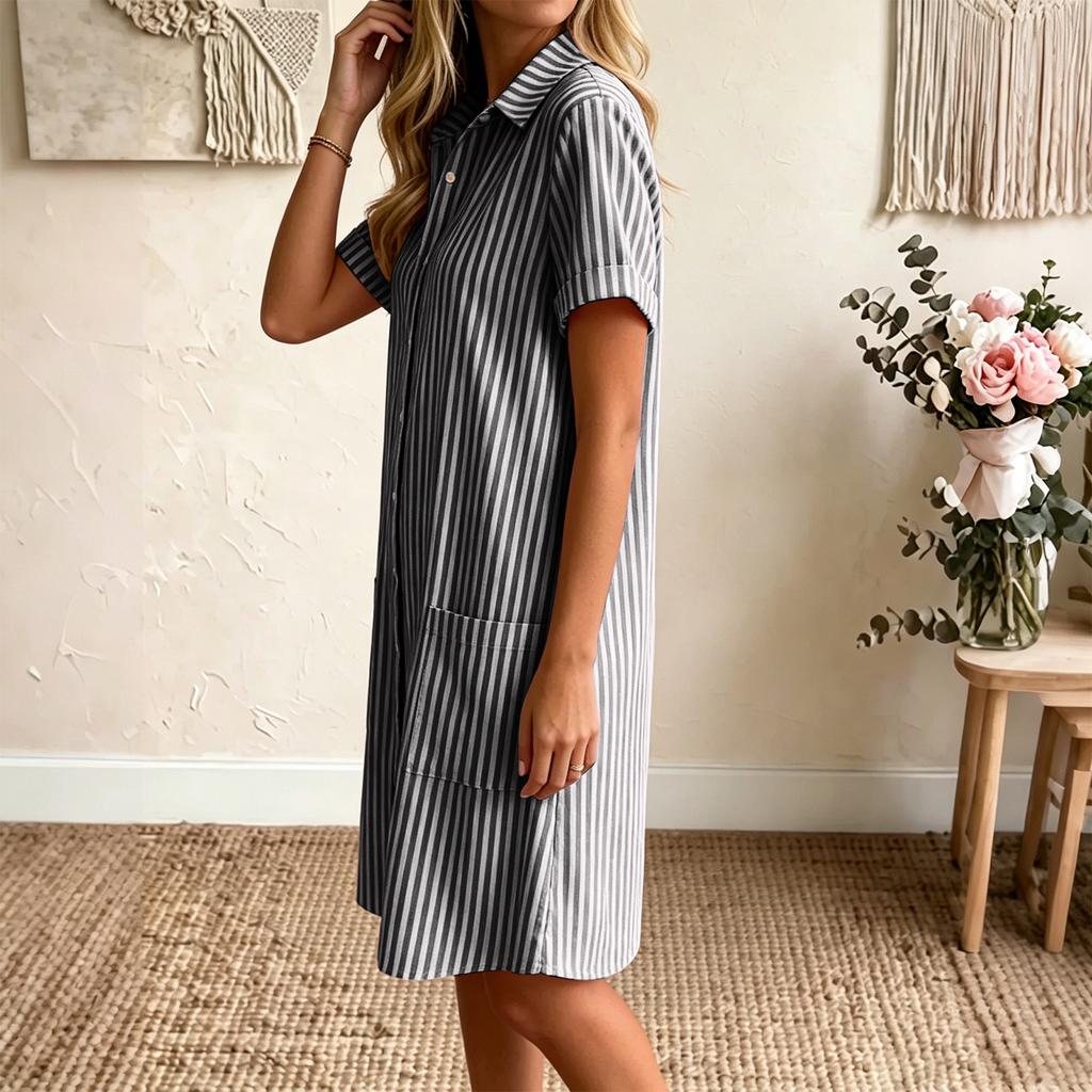 Women's Loose Fit Plus Size Striped Short Sleeve Shirt Dress Casual Mid Length Button Down Dress with Pockets Summer Style