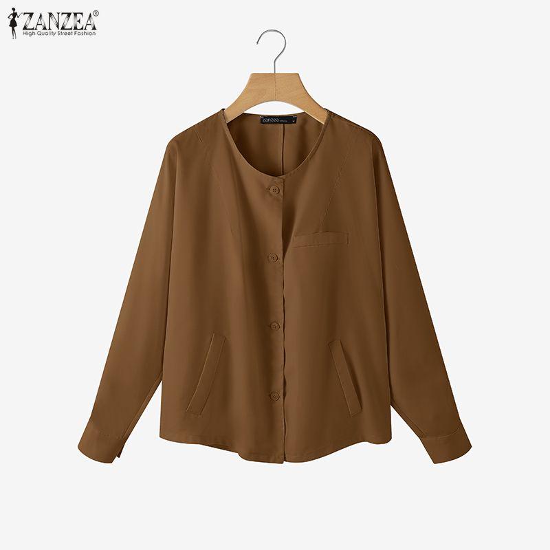 ZANZEA Bluză de damă cu gât rotund, culoare solidă, largă, cu mânecă lungă