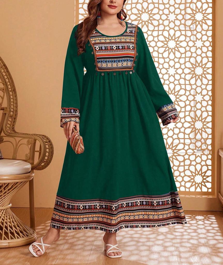 Bestseller: Orientalisches Patchwork-Blumenkleid in Übergröße, Elegantes Temperament, Frühjahrs-/Herbstmode