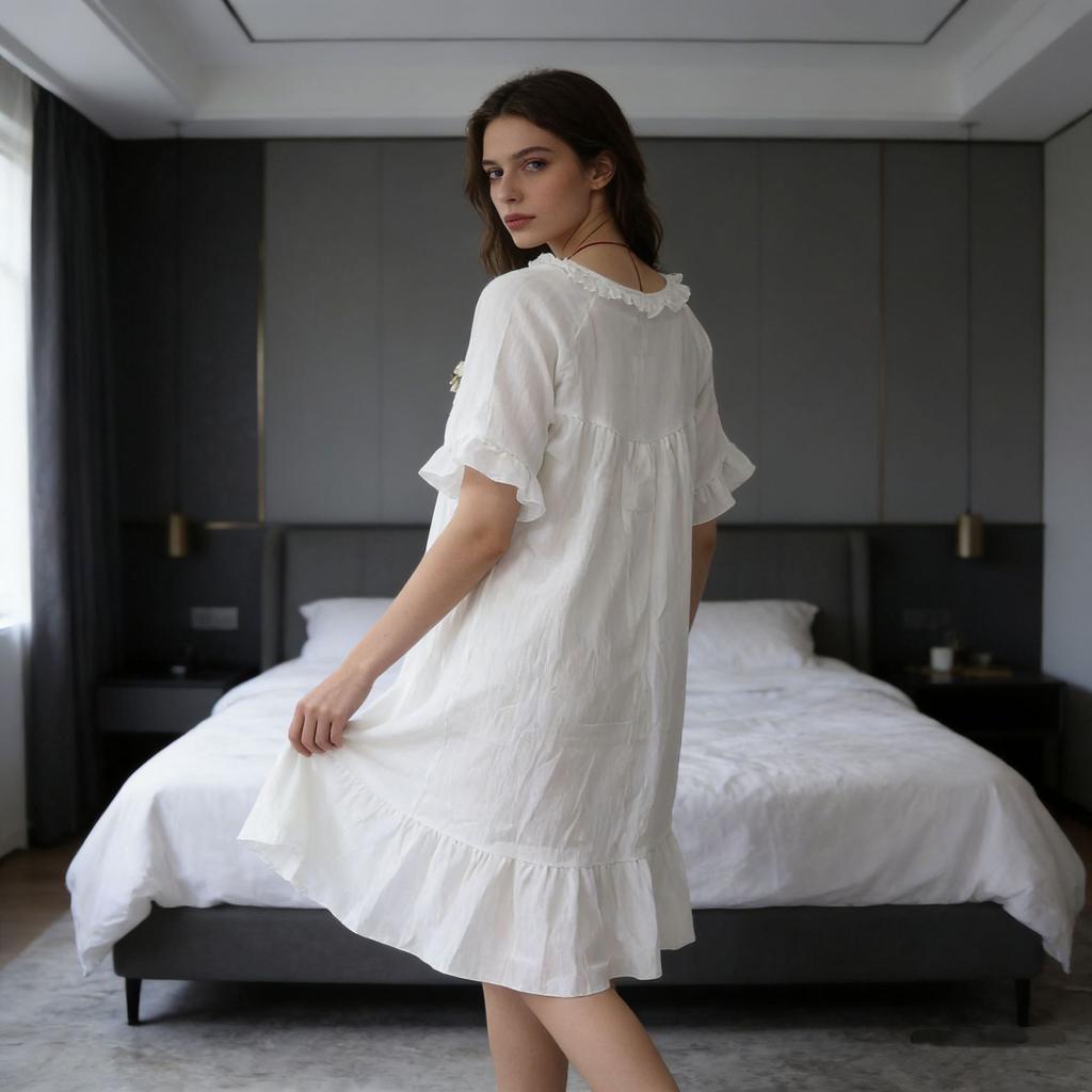 Sleeping Dress Women's Summer Lightweight Loose Large-sized Ruffled Long-sleeved Sweet Pajamas