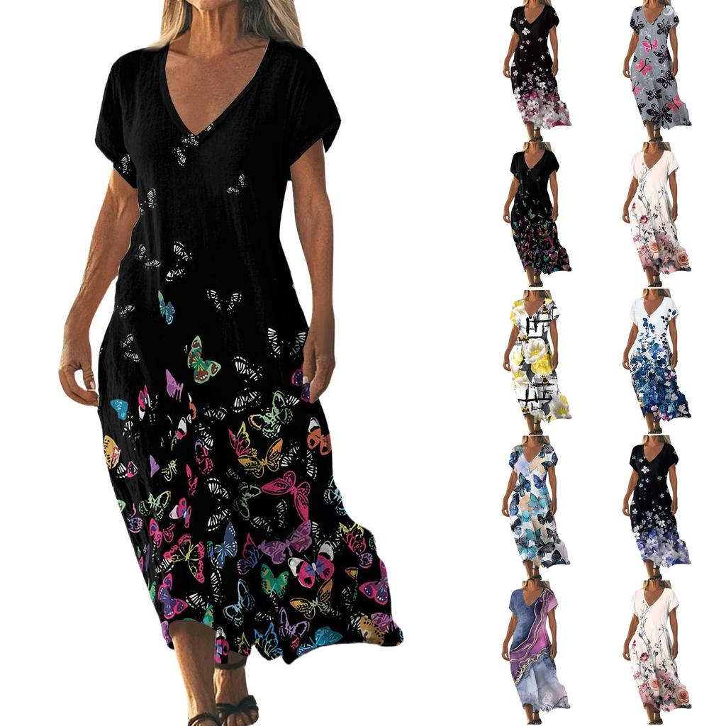 Fashion Women's Summer V-neck Short Sleeve Cotton And Linen Vintage Floral Print Beach Dress