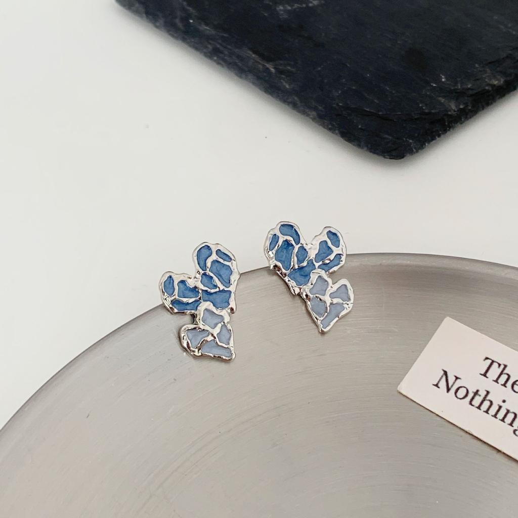 S925 Silver Needle Retro Style Irregular Blue Love Stud Earrings High Sense Trendy Earrings Contrasting Color Personalized Earrings