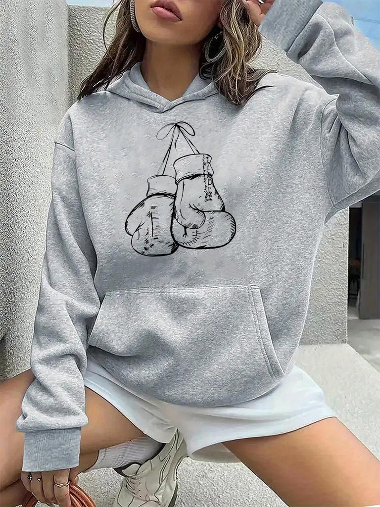2025 Autumn and Winter Women's Boxing Gloves Pattern Hoodie Comfortable Long Sleeve Pullover Autumn and Winter Casual Sweatshirt