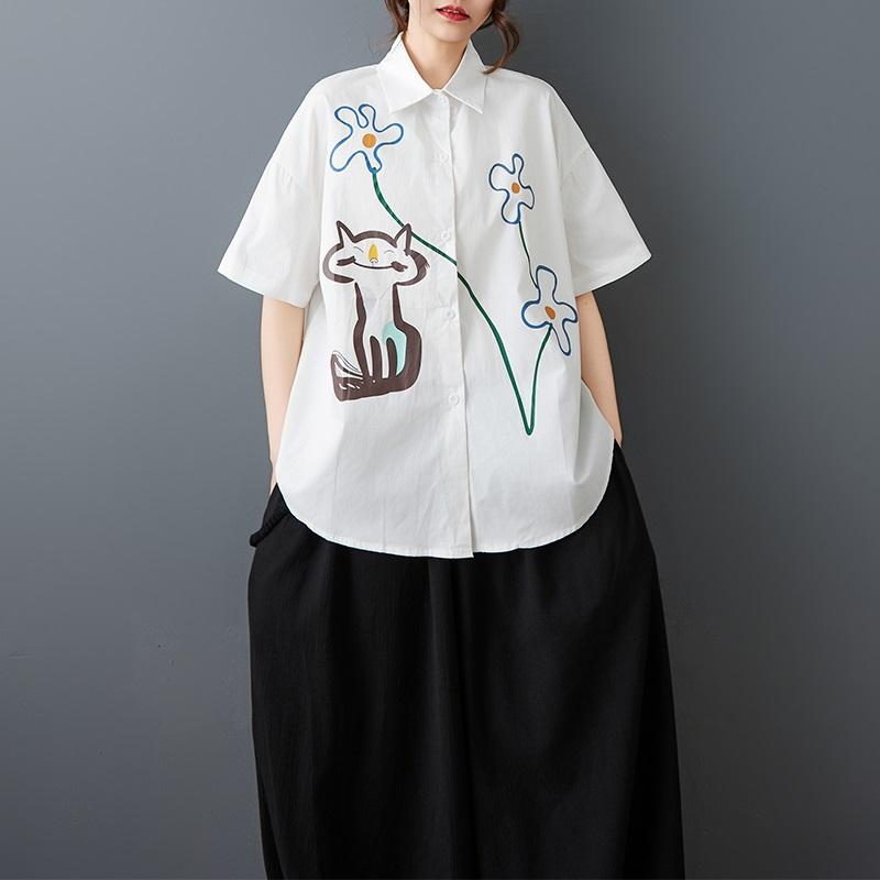 

Короткий рукав оверсайз хлопковые винтажные рубашки и блузки с персонажами для блузки Повседневные свободные летние топы женские рубашка на пуговицах белый