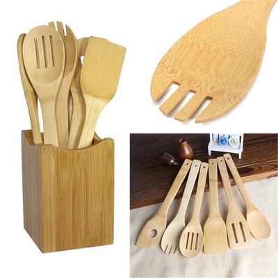 Juego de 6 utensilios de cocina antiadherentes con mango de madera: cuchara sopera, espátula, cuchara para arroz y pala.